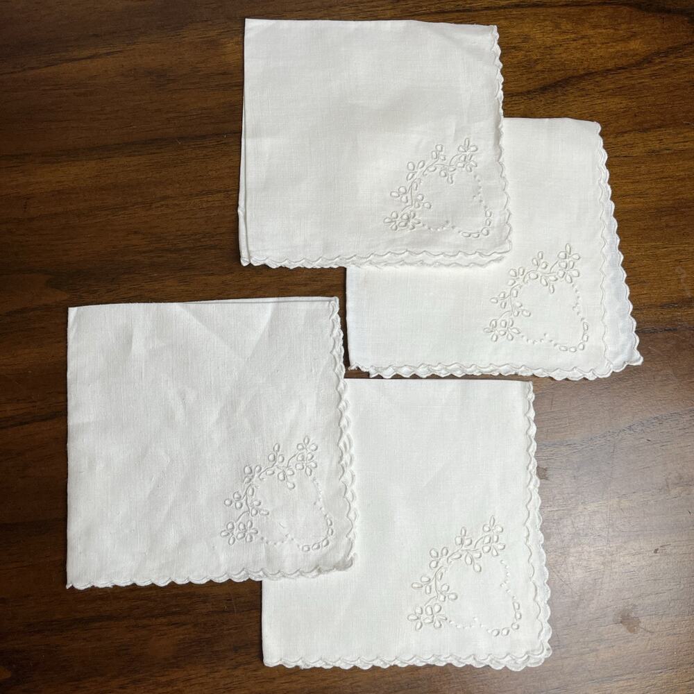 4 Off-White Scallop Edge Embroidered Cocktail Napkins 11.5", Floral Cottage Soft